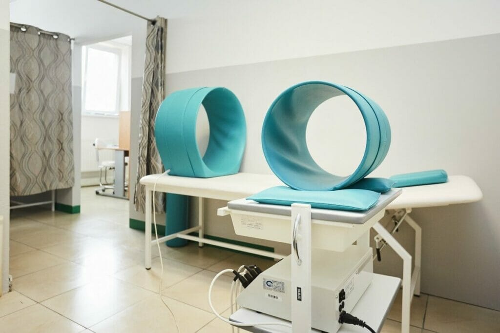 Nemocničná izba s dvomi modrými kreslami a lôžkom na Fyziatricko-rehabilitačnom pracovisku Procare Zvolen.
