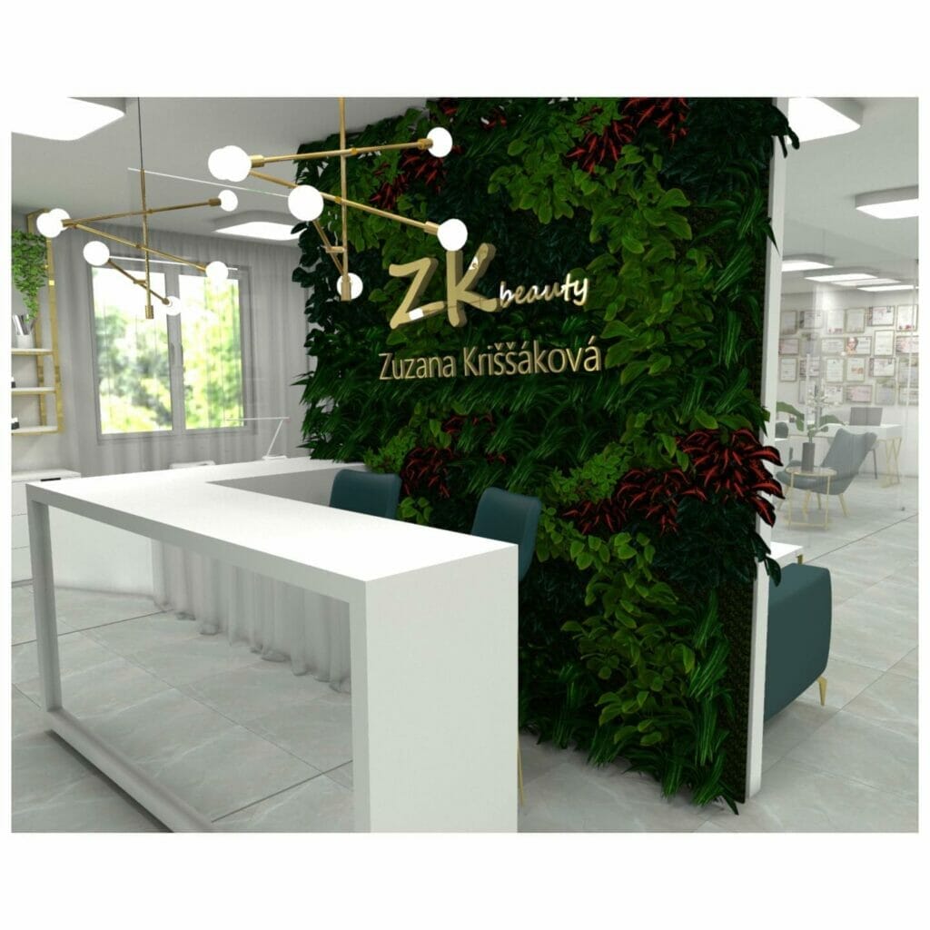 3D vizualizácia kancelárie so zelenou stenou v Salóne krásy ZK Beauty Poprad.